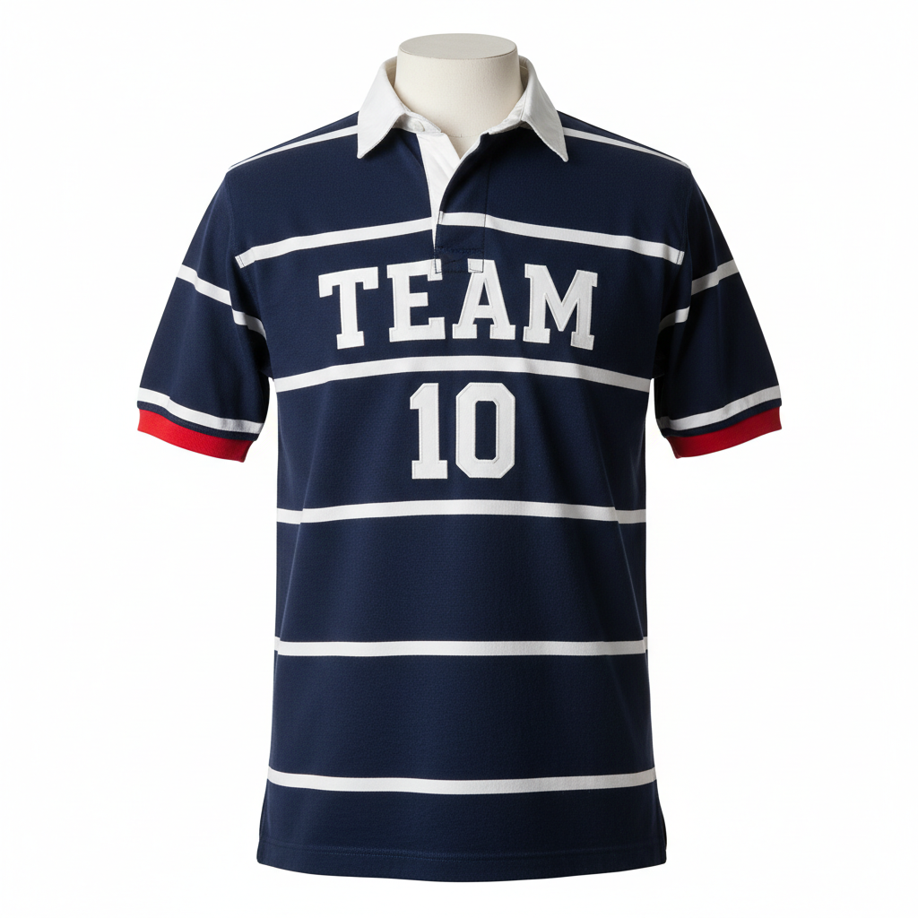 Front view of custom traditional rugby jersey in 280 GSM cotton-poly drill with a rugby collar and embroidered club crest from Empire Five Athletics