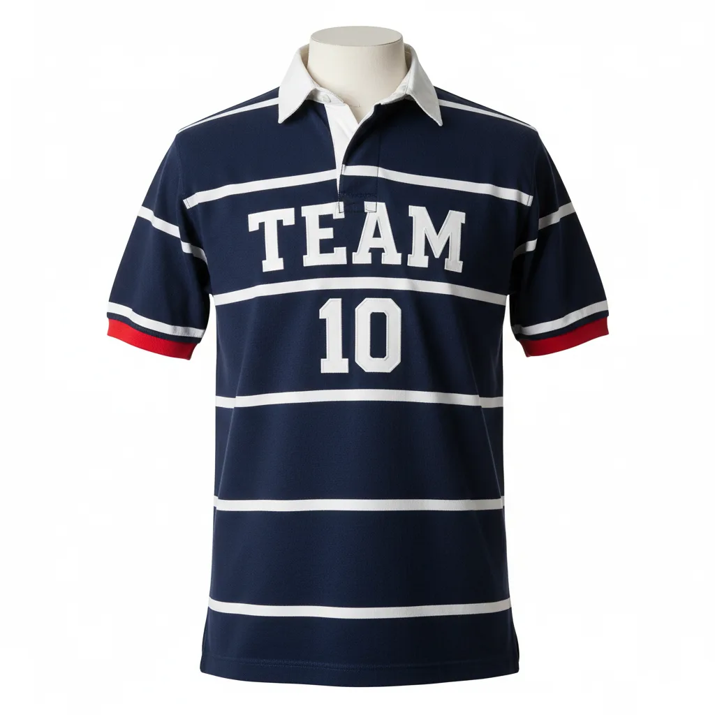 Front view of custom traditional rugby jersey in 280 GSM cotton-poly drill with a rugby collar and embroidered club crest from Empire Five Athletics