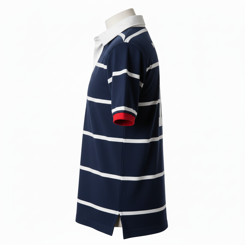 Side view of custom traditional rugby jersey showing the reinforced shoulder seam