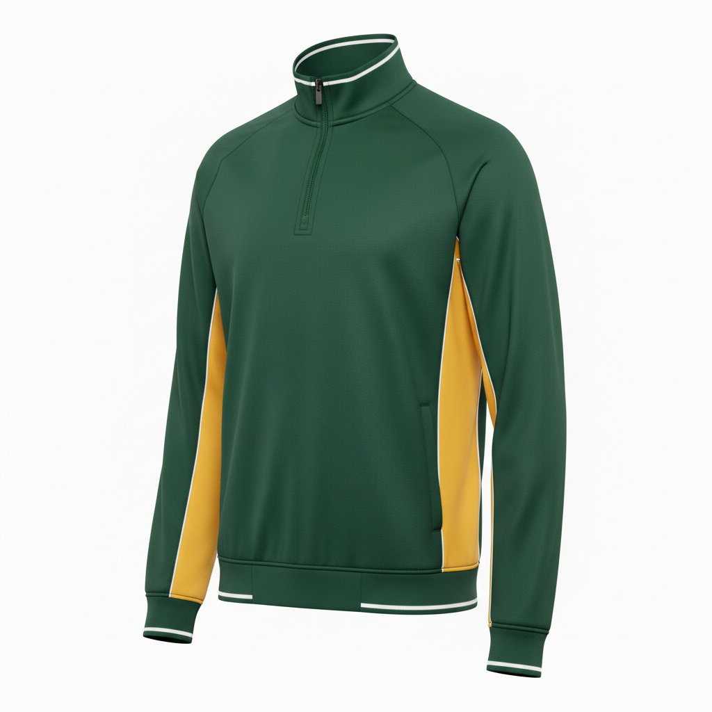 Front view of custom rugby quarter-zip pullover in 220 GSM performance poly with a stand collar and sublimated club colors from Empire Five Athletics