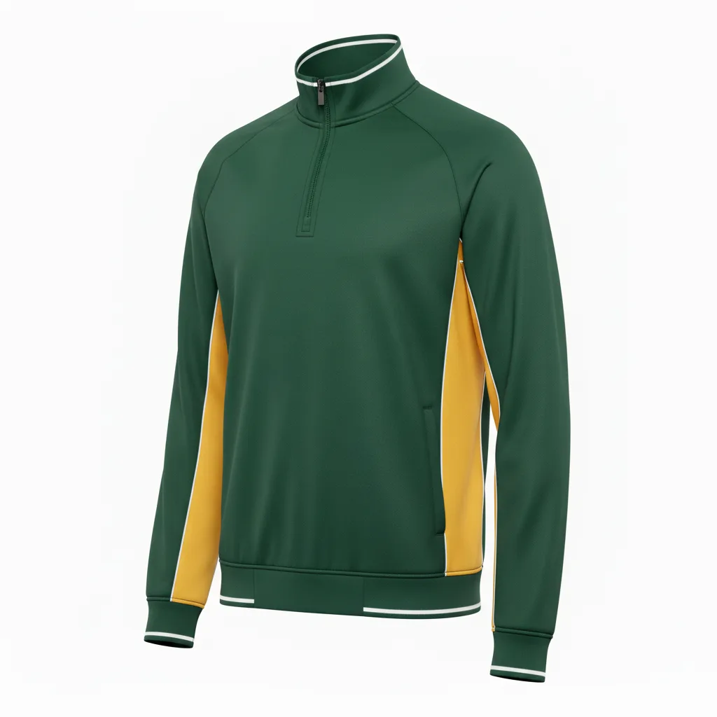 Front view of custom rugby quarter-zip pullover in 220 GSM performance poly with a stand collar and sublimated club colors from Empire Five Athletics