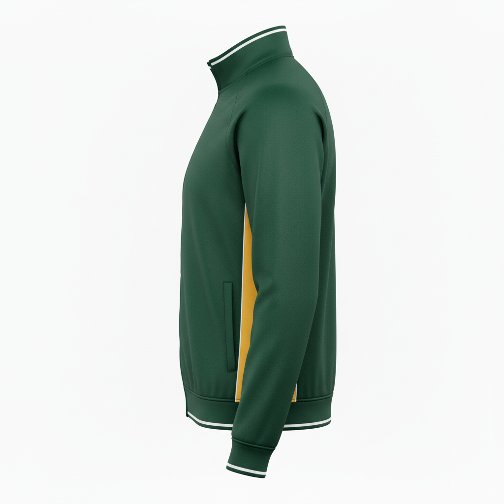 Side view of custom rugby quarter-zip pullover showing the quarter zip