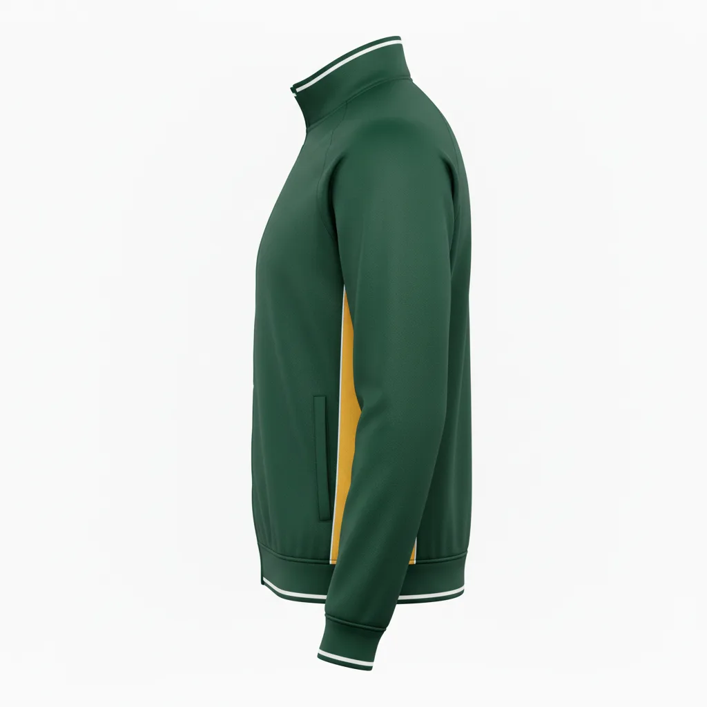 Side view of custom rugby quarter-zip pullover showing the quarter zip