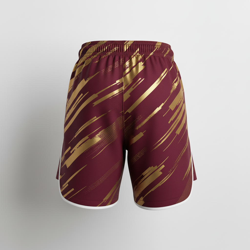 Back view of custom sublimated rugby shorts showing the sublimated pattern and number