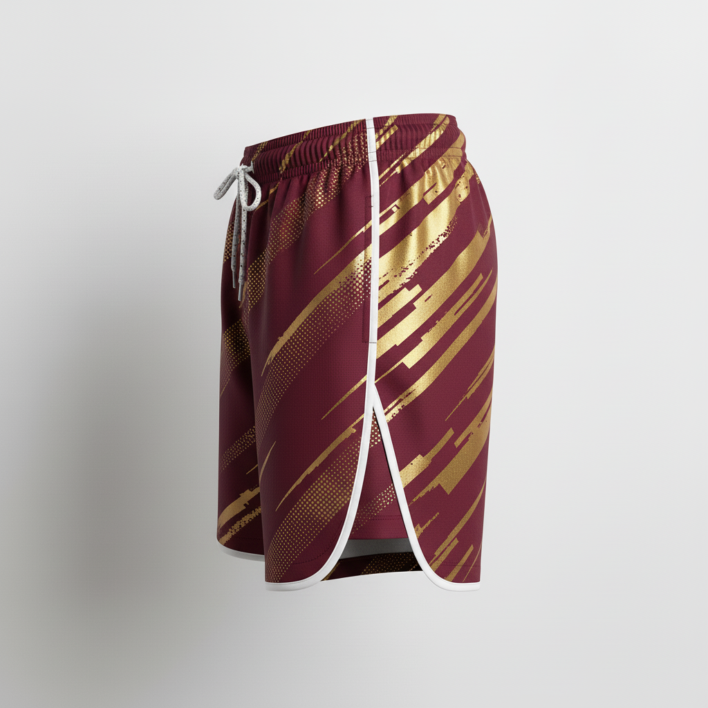 Front view of custom sublimated rugby shorts in 170 GSM performance poly with all-over sublimated club graphics from Empire Five Athletics