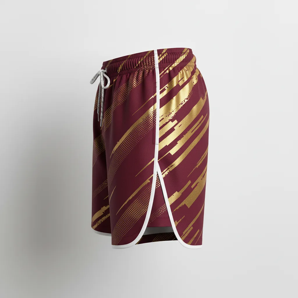 Front view of custom sublimated rugby shorts in 170 GSM performance poly with all-over sublimated club graphics from Empire Five Athletics