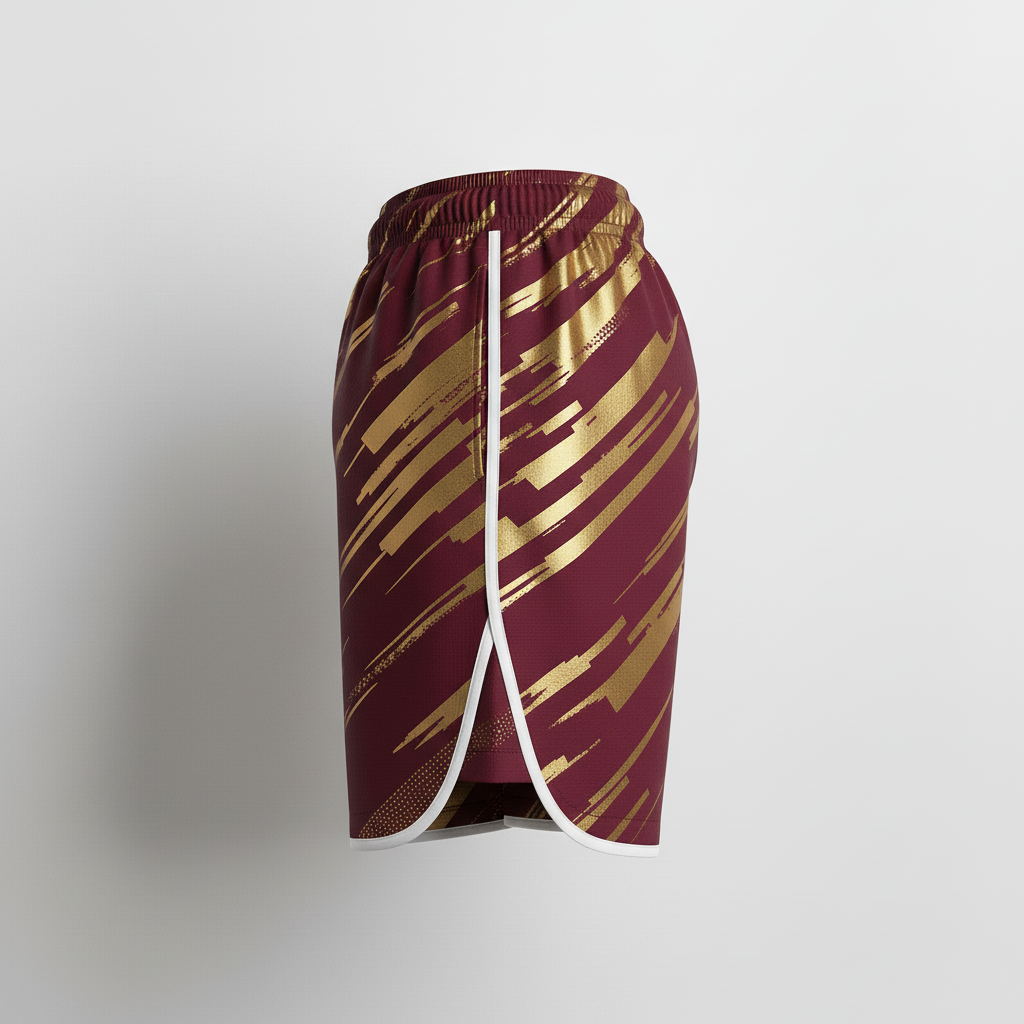 Side view of custom sublimated rugby shorts showing the edge-to-edge print