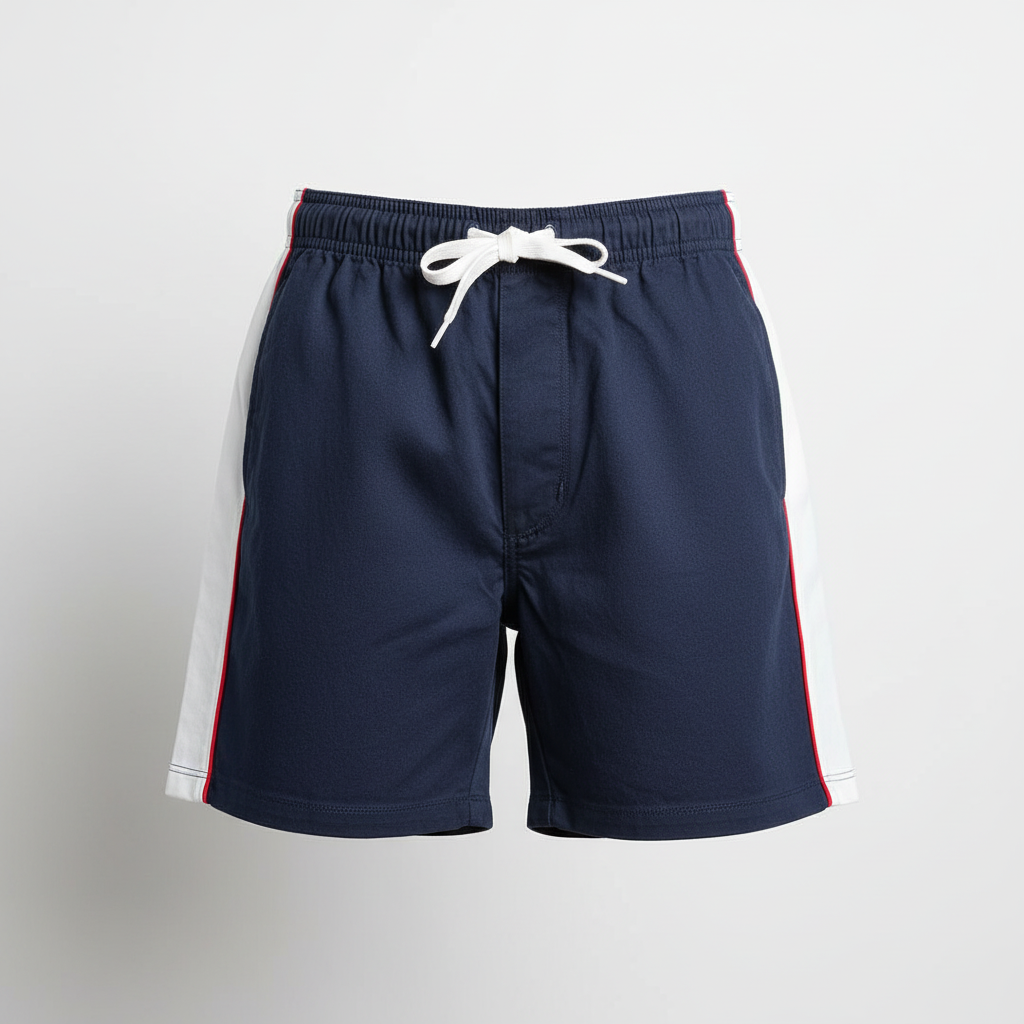 Front view of custom traditional rugby shorts in 260 GSM cotton-poly twill with a reinforced gusset and embroidered club crest from Empire Five Athletics