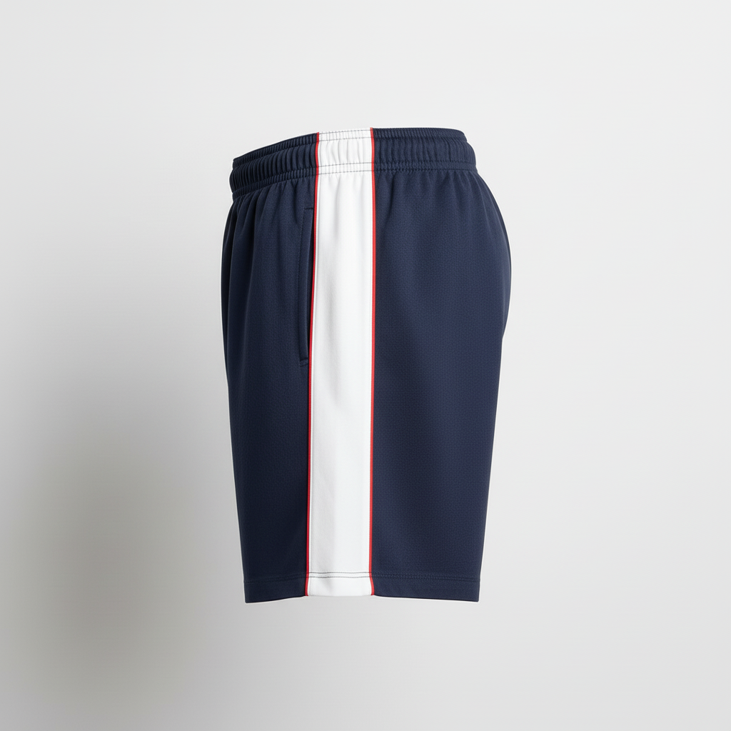 Side view of custom traditional rugby shorts showing the deep pocket