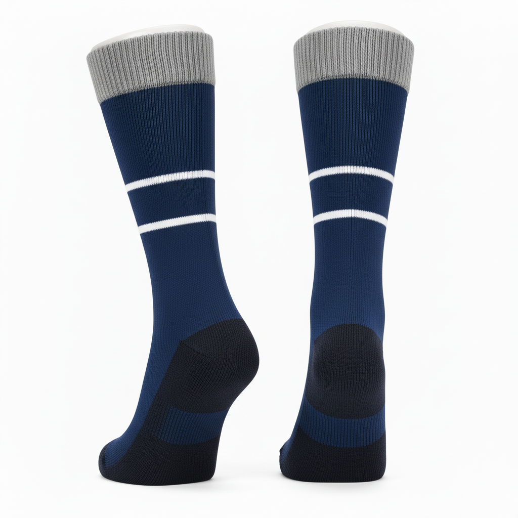 Back view of custom performance rugby socks showing the knit-in club hoops