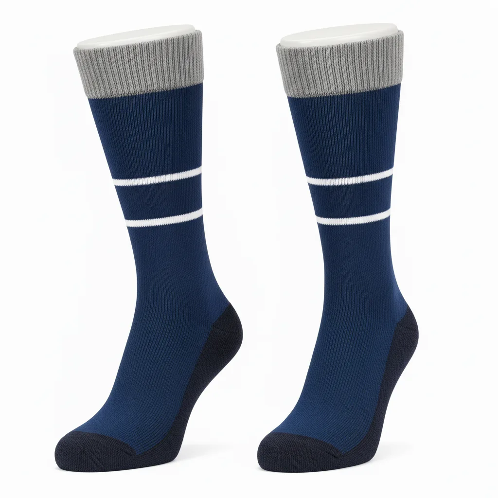 Front view of custom performance rugby socks, tall over-the-calf cushioned knit with a sublimated panel from Empire Five Athletics