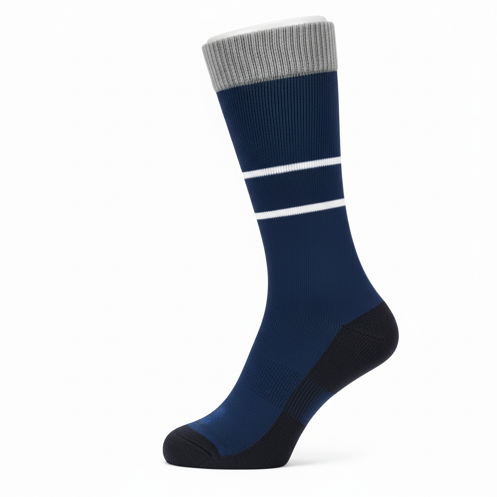 Side view of custom performance rugby socks showing the cushioned footbed and arch band