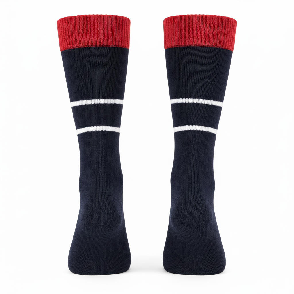 Back view of custom traditional rugby socks showing the knit-in club bands
