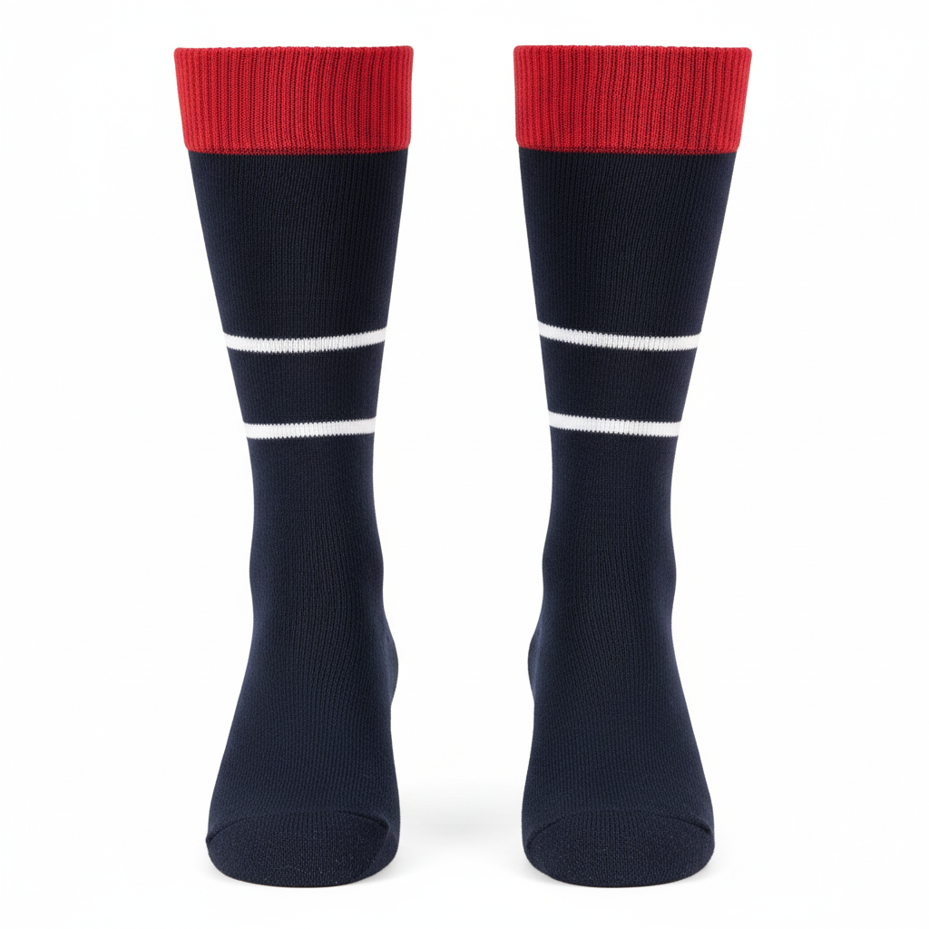 Front view of custom traditional rugby socks, tall over-the-calf knit with a foldover top and knit-in club hoops from Empire Five Athletics