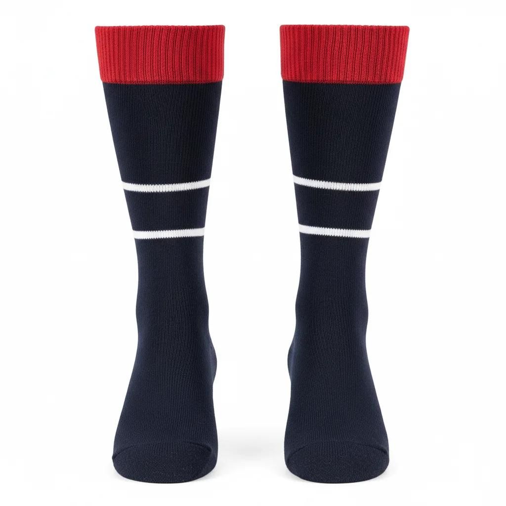 Front view of custom traditional rugby socks, tall over-the-calf knit with a foldover top and knit-in club hoops from Empire Five Athletics