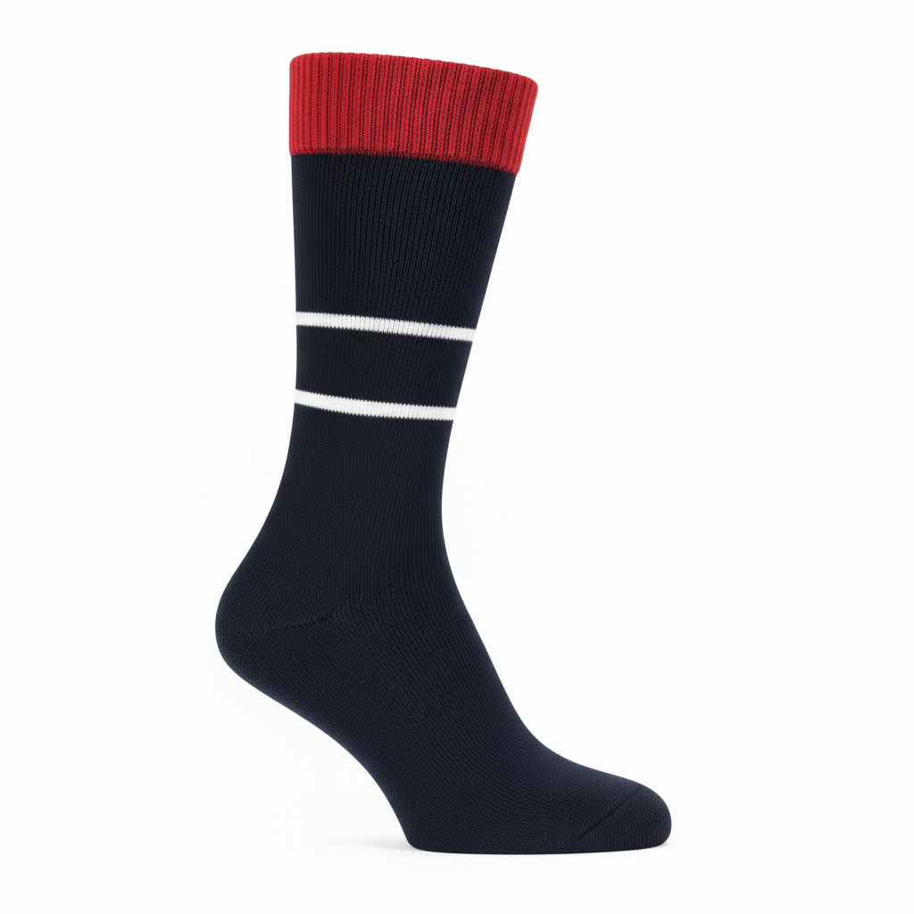 Side view of custom traditional rugby socks showing the over-the-calf length and foldover top