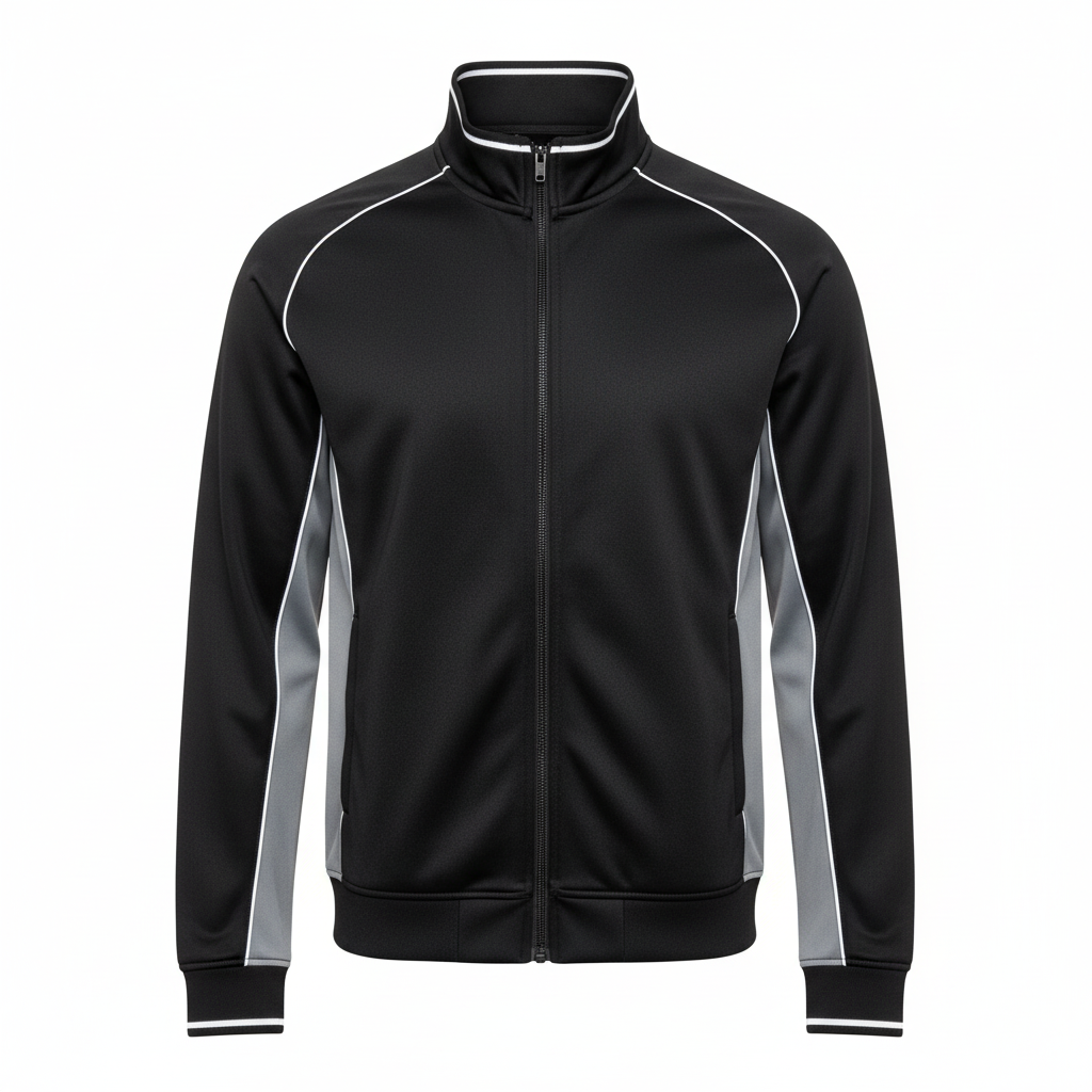 Front view of custom rugby track jacket in 220 GSM smooth poly with a slim full zip and edge-to-edge sublimated club colors from Empire Five Athletics