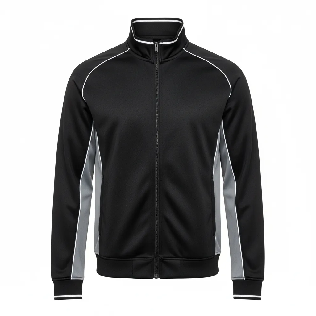 Front view of custom rugby track jacket in 220 GSM smooth poly with a slim full zip and edge-to-edge sublimated club colors from Empire Five Athletics