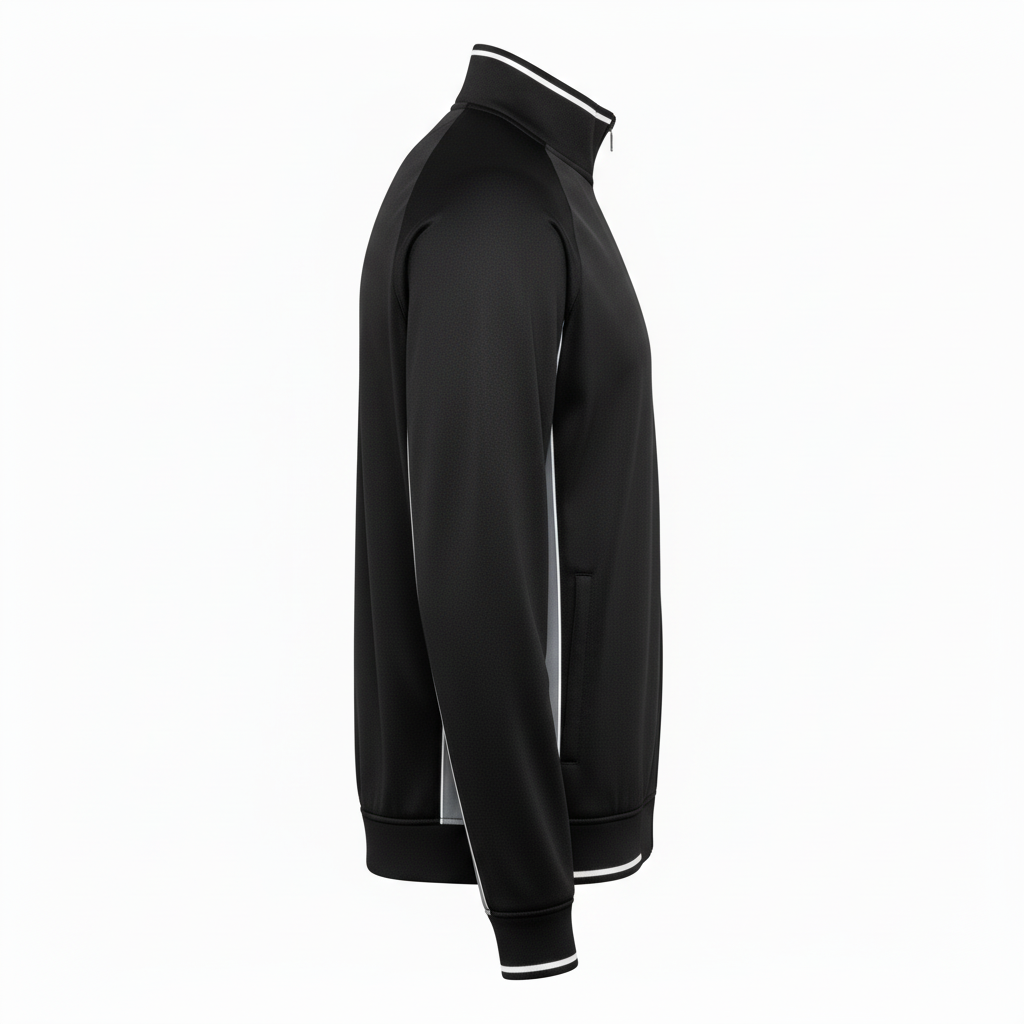 Side view of custom rugby track jacket showing the slim fit and zip pocket
