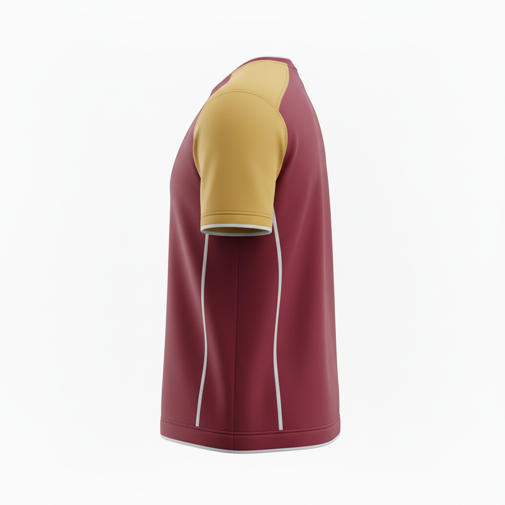 Side view of custom rugby training shirt showing the durable standard cut