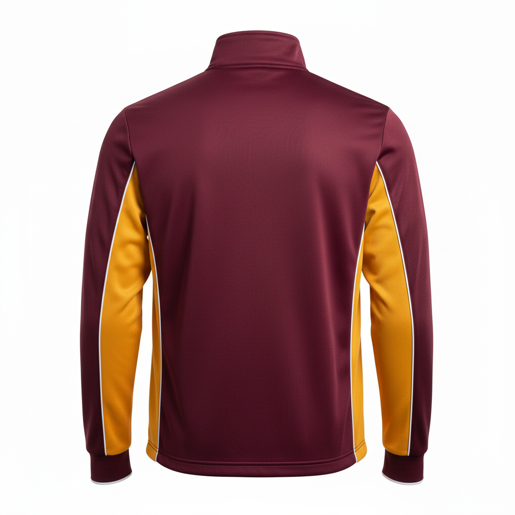 Back view of custom rugby warm-up jacket showing the sublimated club name