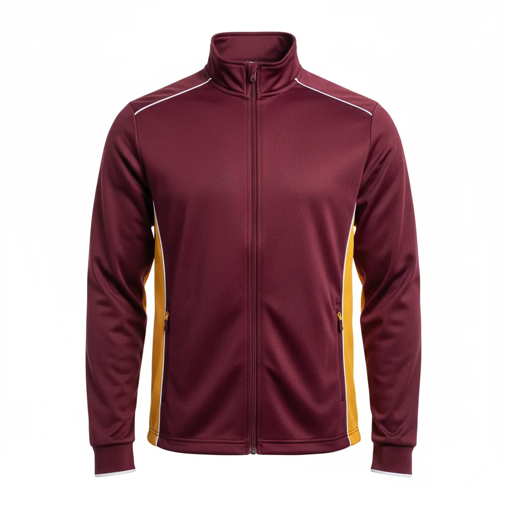 Front view of custom rugby warm-up jacket in 220 GSM smooth poly with a roomy full zip and sublimated club colors from Empire Five Athletics