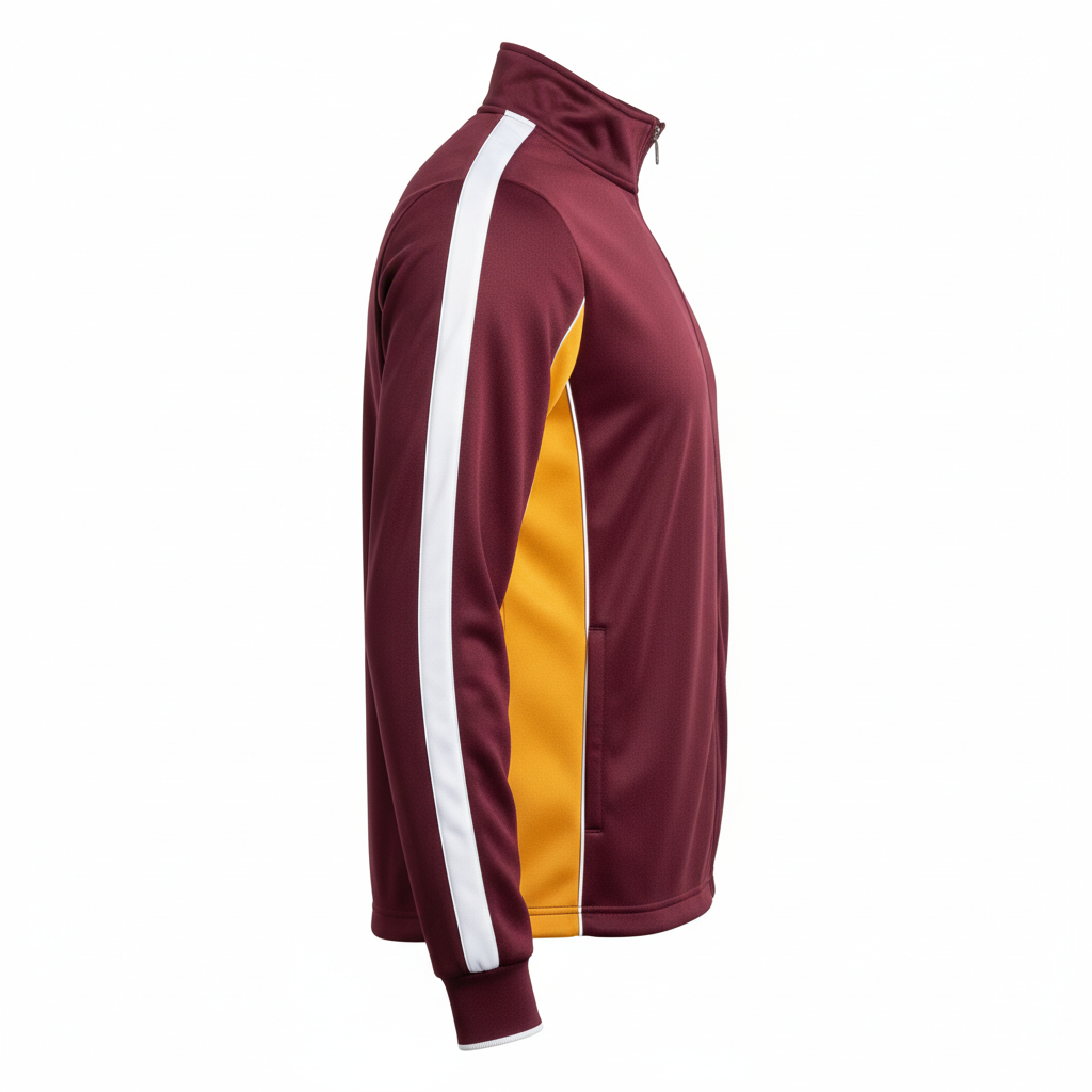 Side view of custom rugby warm-up jacket showing the zip pocket and drawcord hem