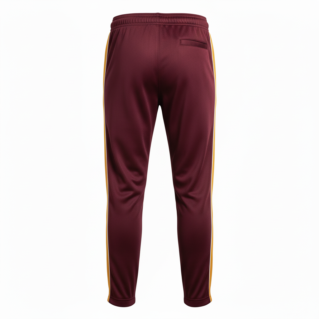 Back view of custom rugby warm-up pants showing the sublimated leg stripe