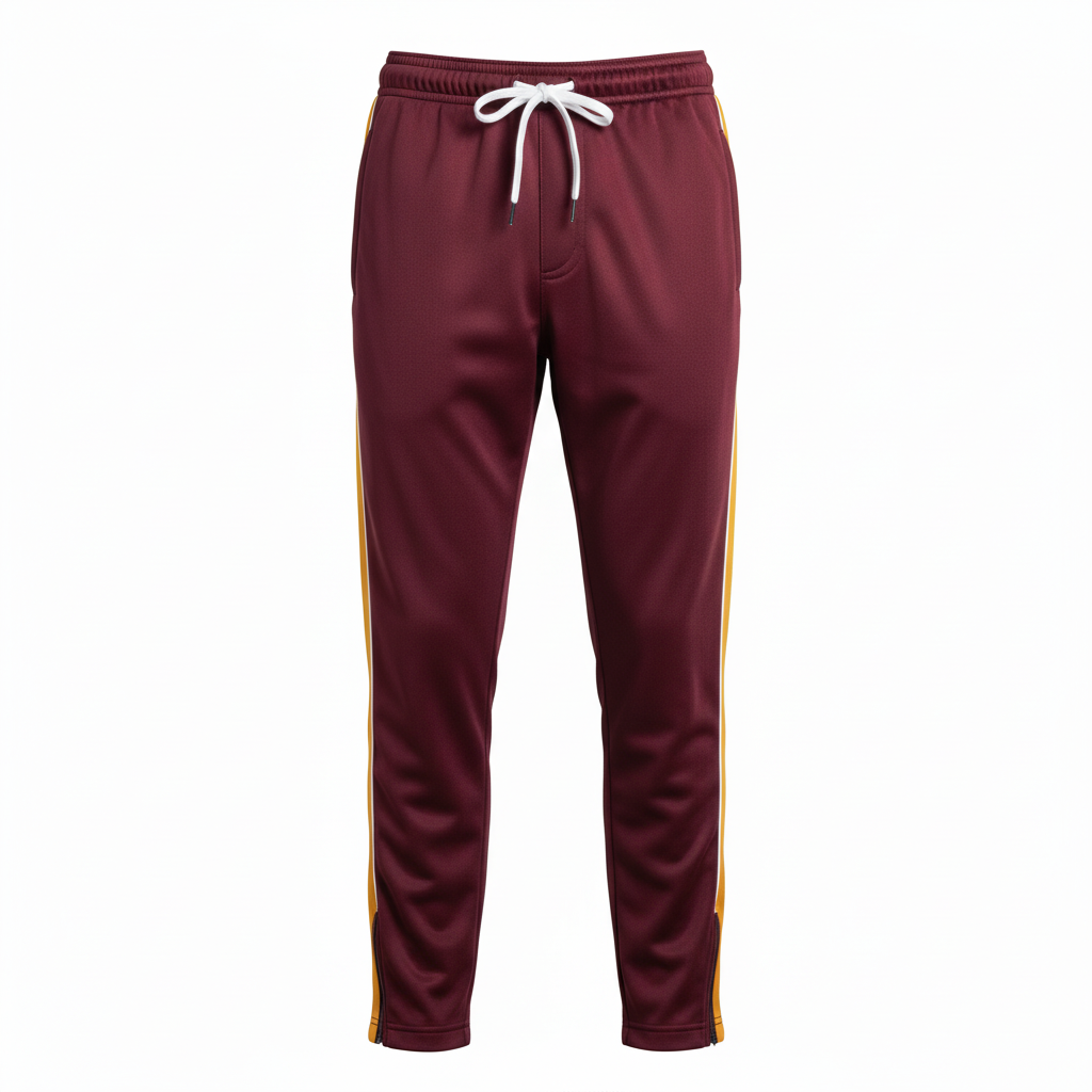 Front view of custom rugby warm-up pants in 200 GSM performance poly with full-length side zips and sublimated club colors from Empire Five Athletics