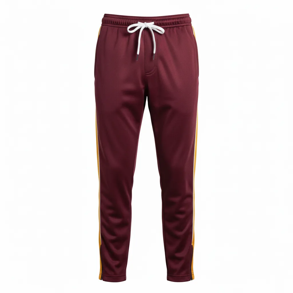 Front view of custom rugby warm-up pants in 200 GSM performance poly with full-length side zips and sublimated club colors from Empire Five Athletics