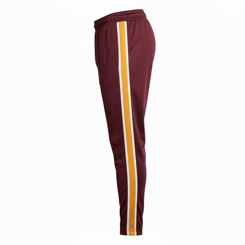 Side view of custom rugby warm-up pants showing the side zip and zip pocket