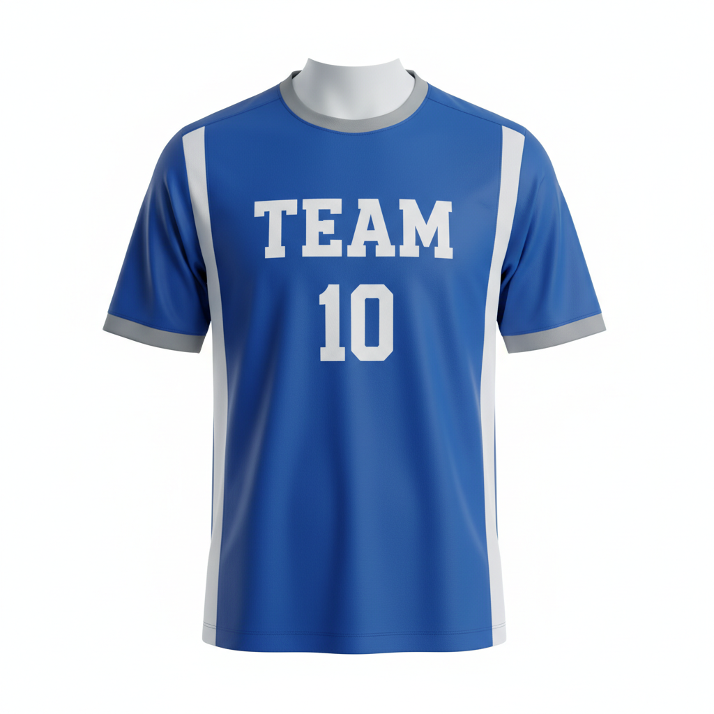 Front view of custom crew-neck soccer jersey with team logo on chest in 160 GSM polyester interlock. Empire Five Athletics