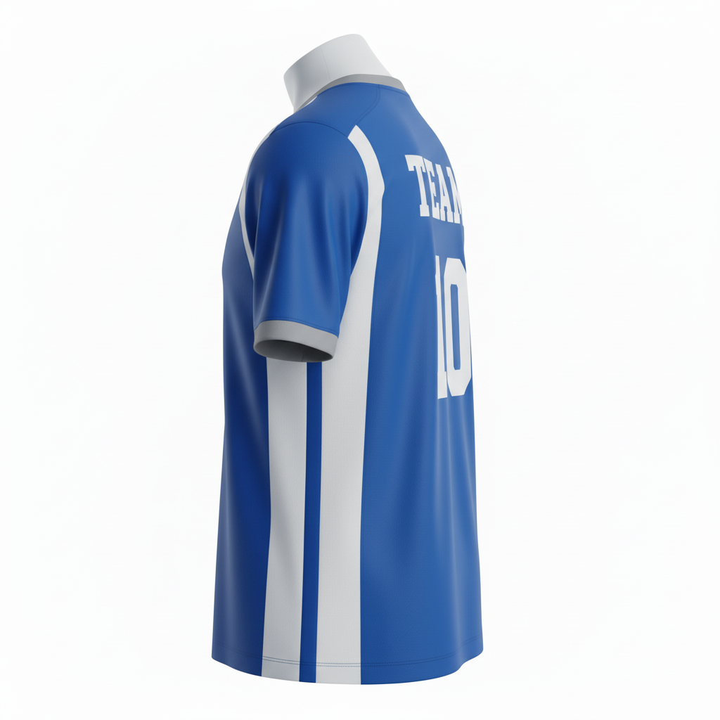 Side view of custom crew-neck soccer jersey showing the mesh underarm panel ventilation and shaped armhole