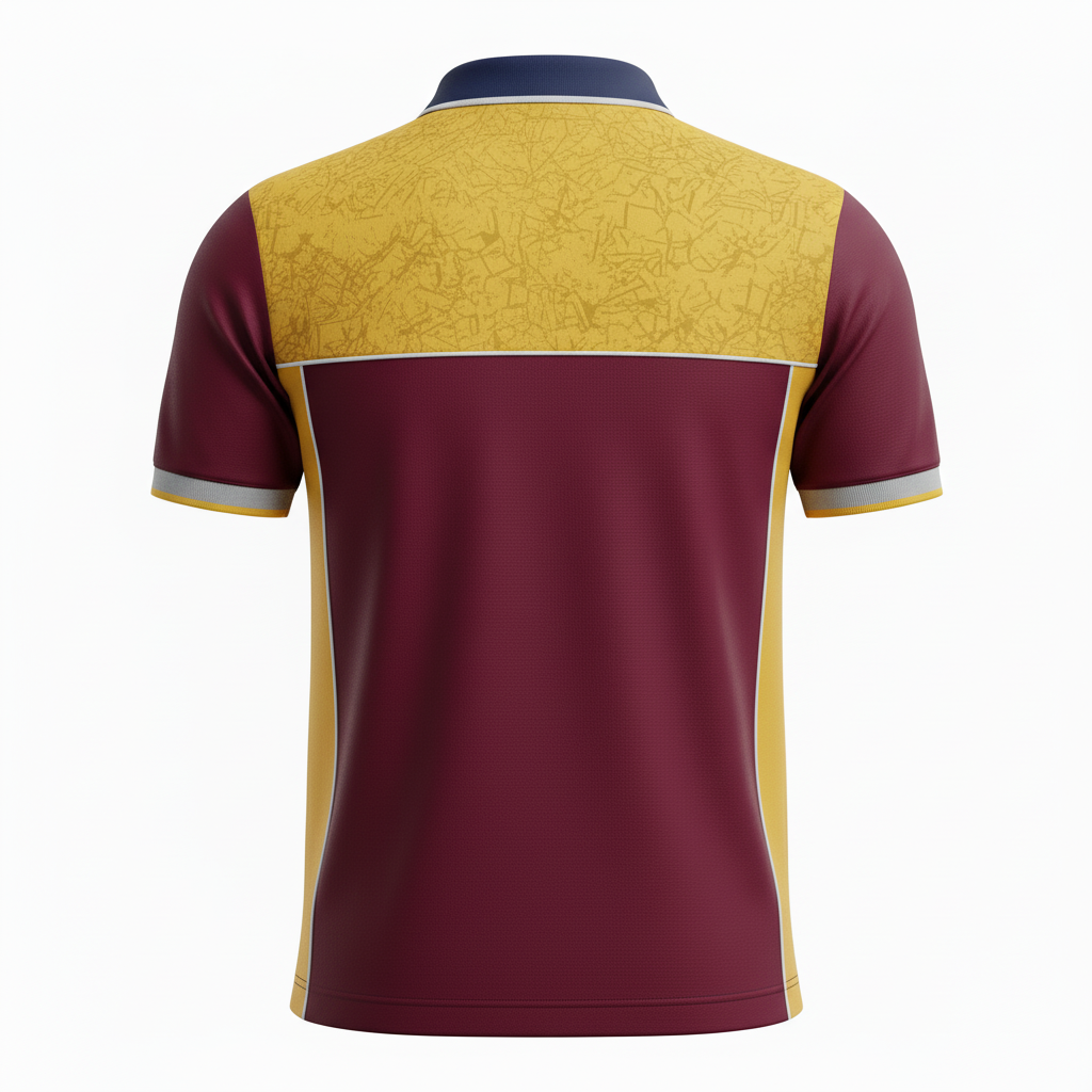 Back view of custom henley-collar soccer jersey showing player name arched above the player number on the collared cut