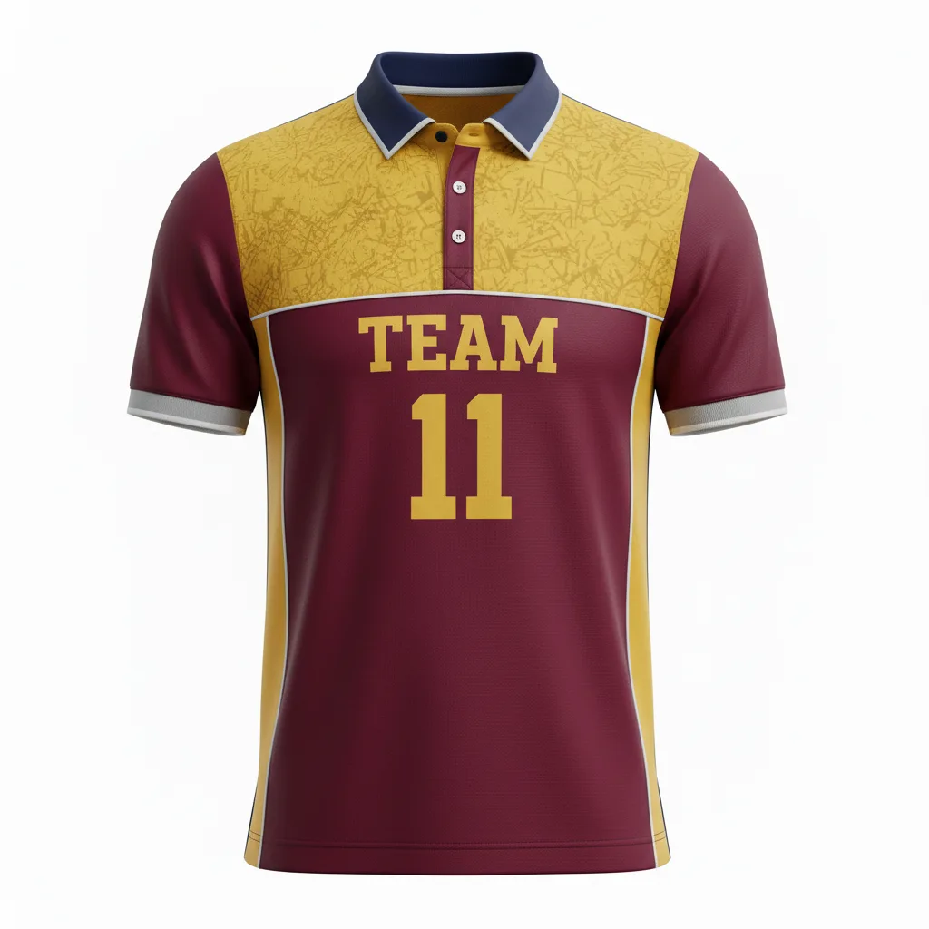 Front view of custom henley-collar soccer jersey with fold-over collar and 3-button placket in 160 GSM polyester interlock. Empire Five Athletics