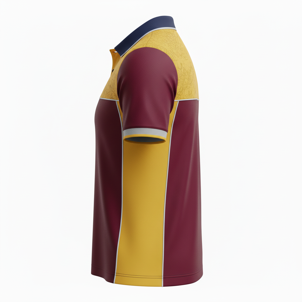 Side view of custom henley-collar soccer jersey showing the fold-over collar attachment and mesh underarm panel