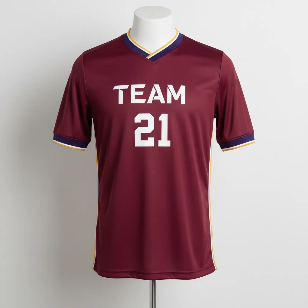 Front view of custom legend soccer jersey, a V-neck cut with a contrast ribbed-knit collar trim in 160 GSM polyester interlock from Empire Five Athletics