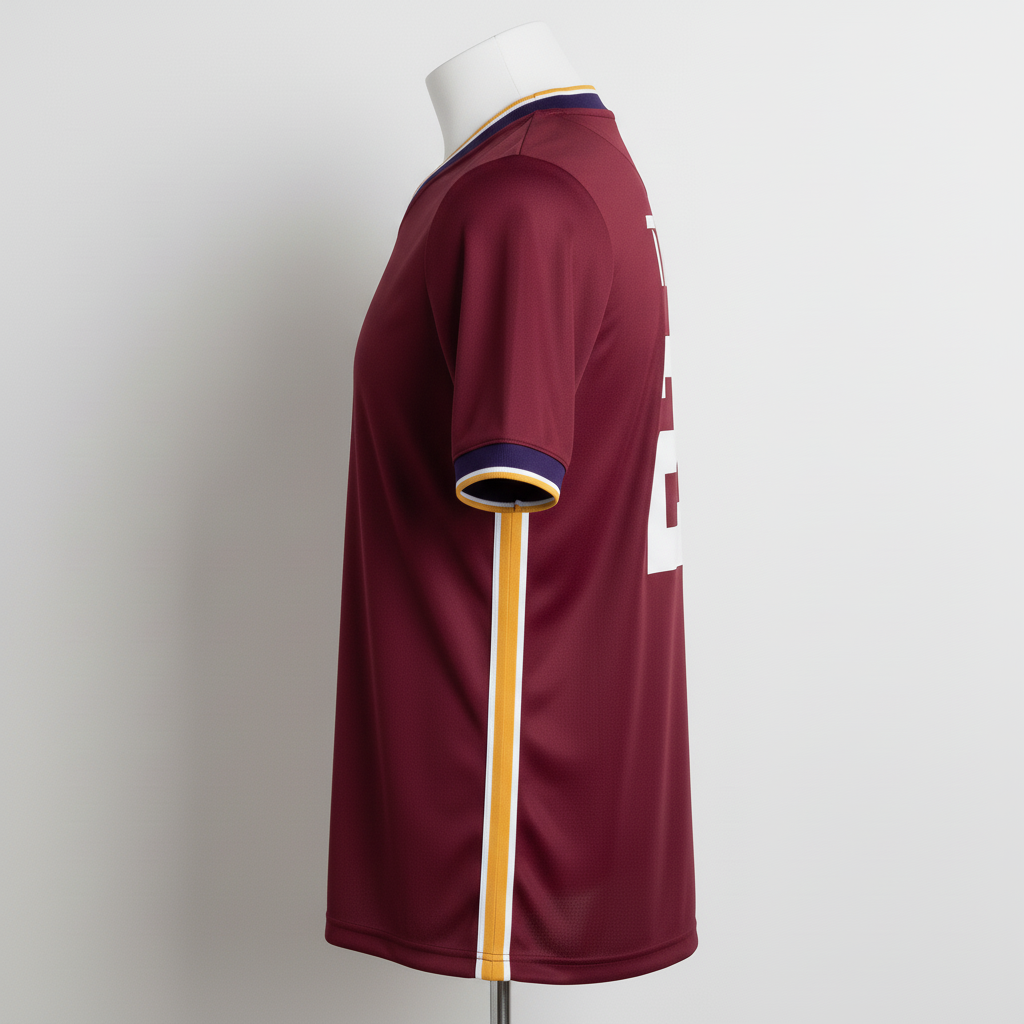 Side view of custom legend soccer jersey showing the mesh underarm panel and contrast ribbed V-collar