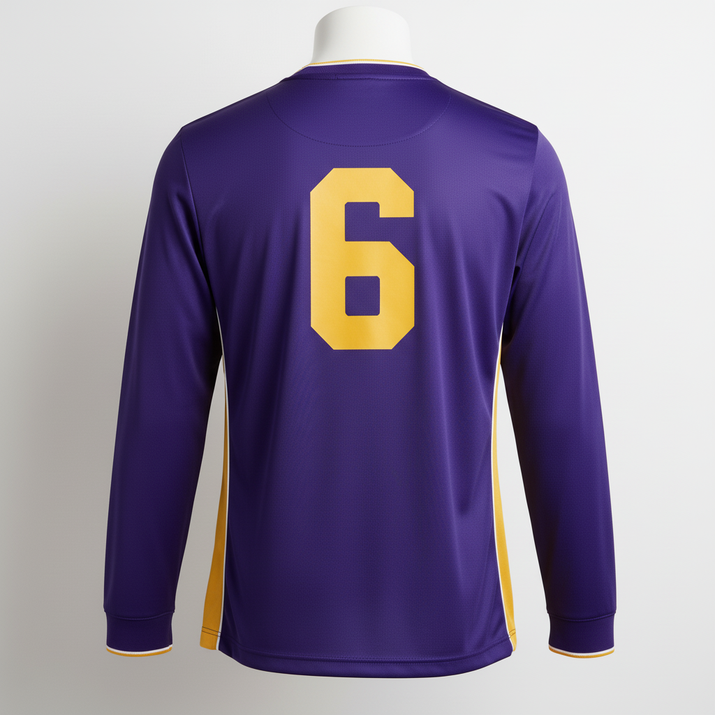 Back view of custom long-sleeve soccer jersey showing player name arched above the player number
