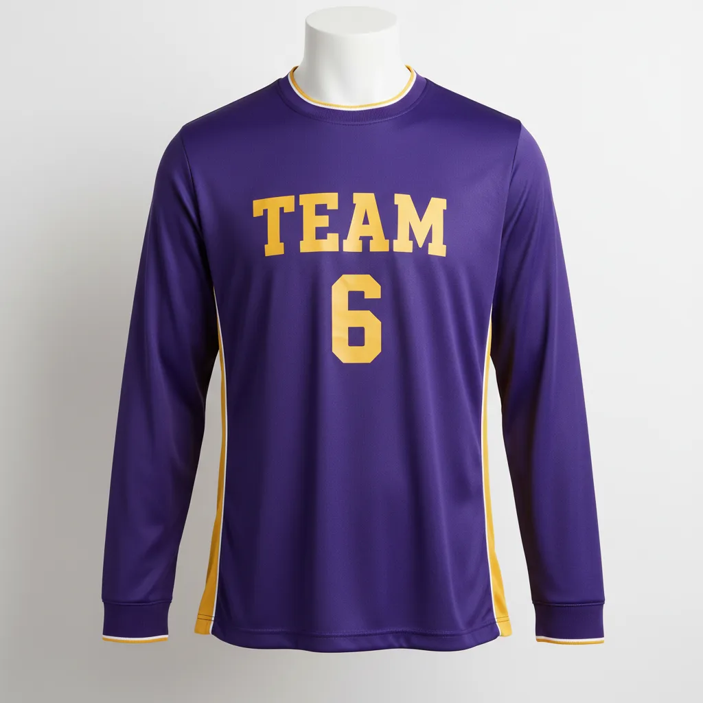 Front view of custom long-sleeve crew-neck soccer jersey with full sleeves and ribbed cuffs in 160 GSM polyester interlock from Empire Five Athletics