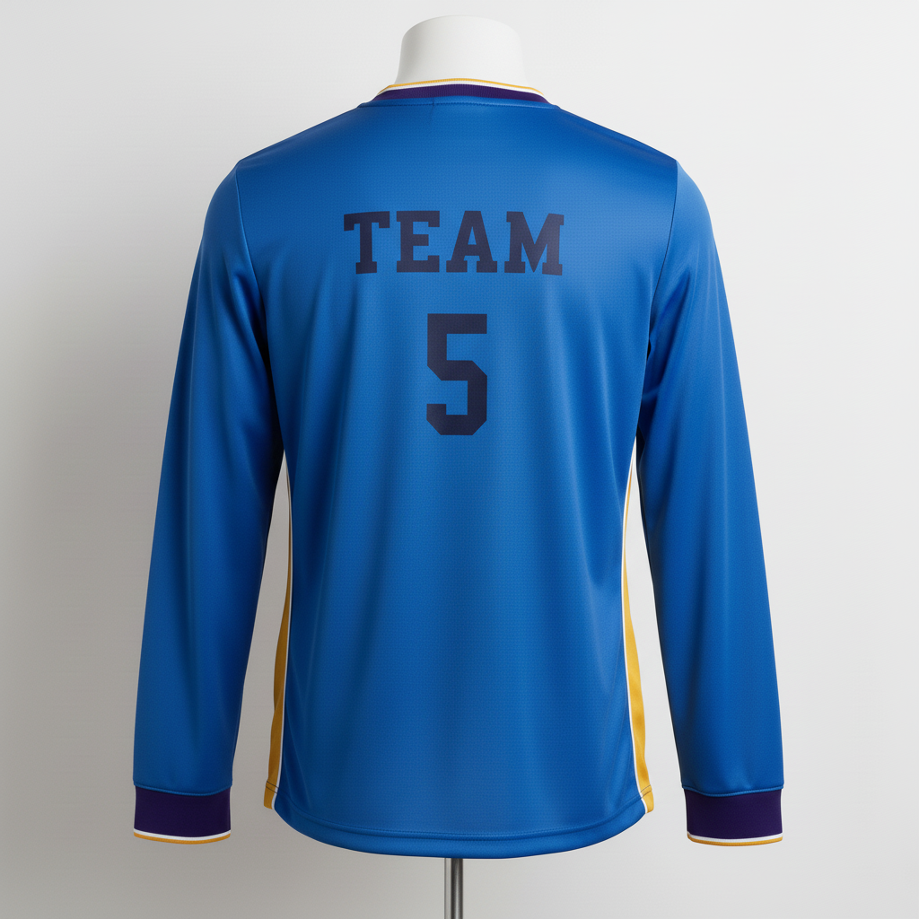 Back view of custom long-sleeve v-neck soccer jersey showing player name arched above the player number