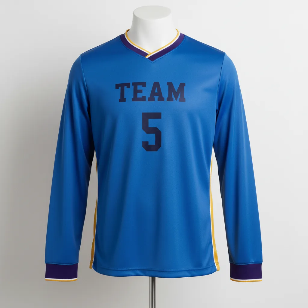 Front view of custom long-sleeve v-neck soccer jersey with modern V-neckline and ribbed cuffs in 160 GSM polyester interlock from Empire Five Athletics