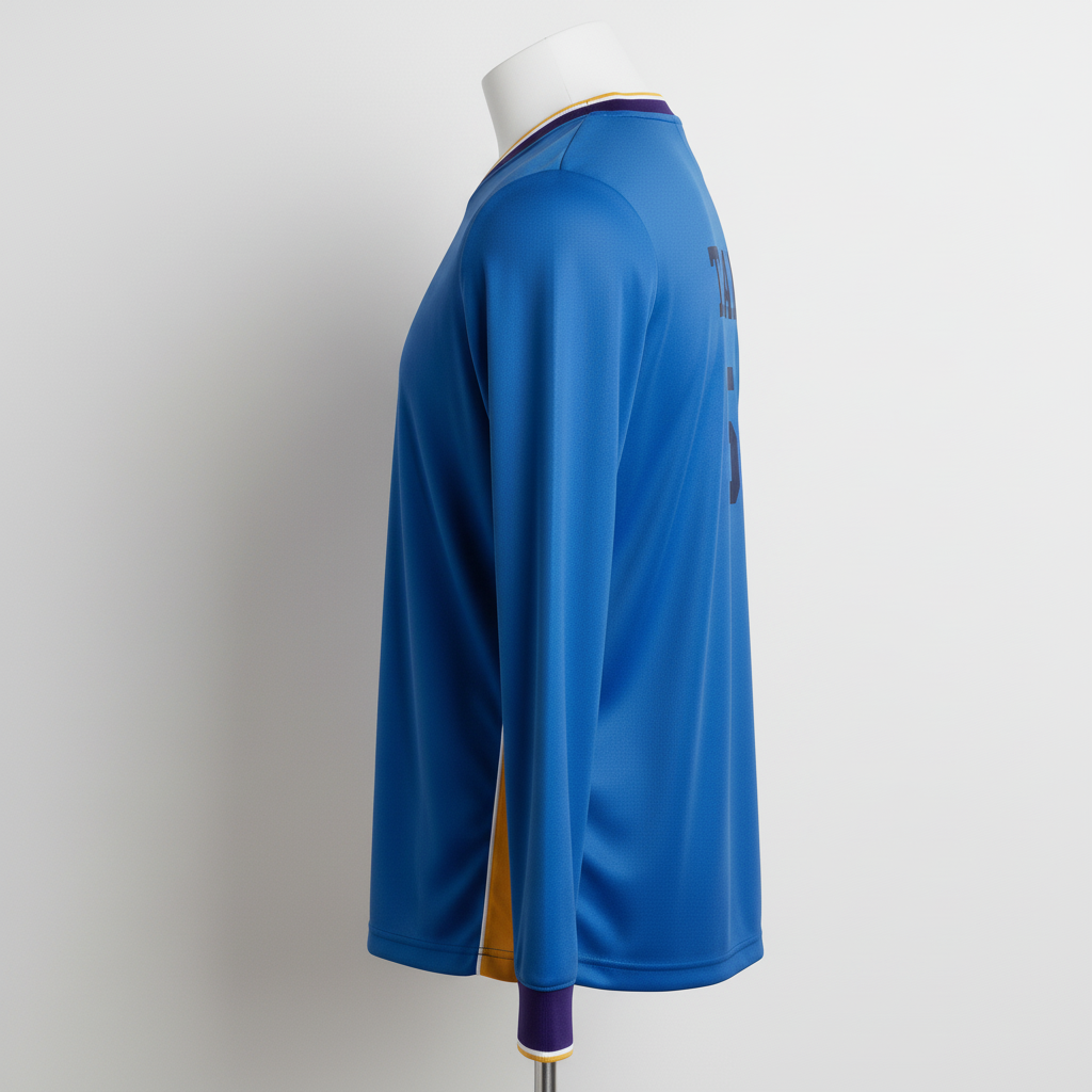 Side view of custom long-sleeve v-neck soccer jersey showing sleeve construction and ribbed cuff