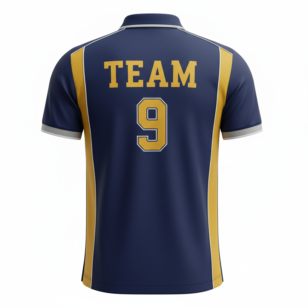 Back view of custom polo-collar soccer jersey showing player name arched above the player number on the heritage cut
