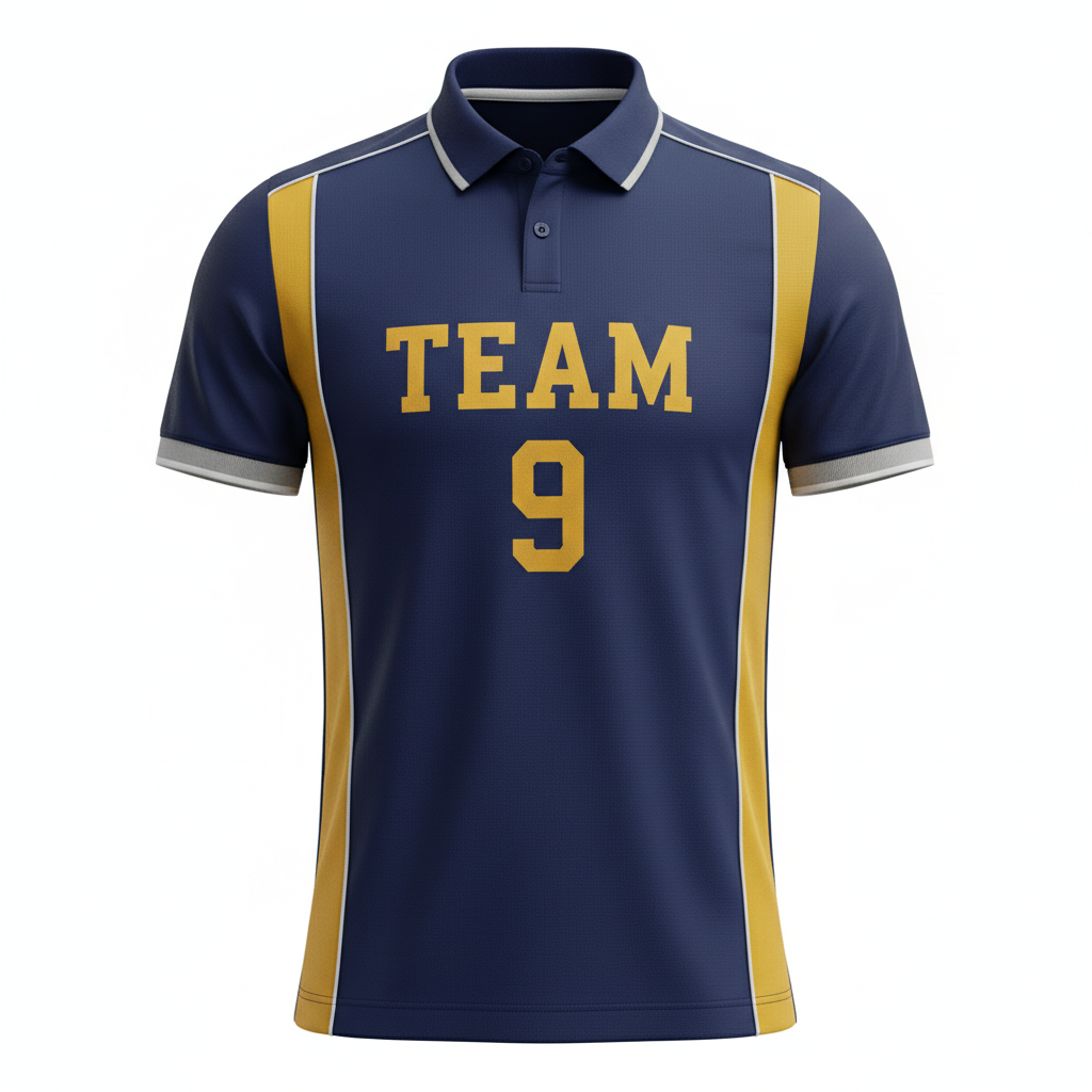 Front view of custom polo-collar soccer jersey with 1x1 rib-knit collar and 2-button placket in 160 GSM polyester interlock. Empire Five Athletics
