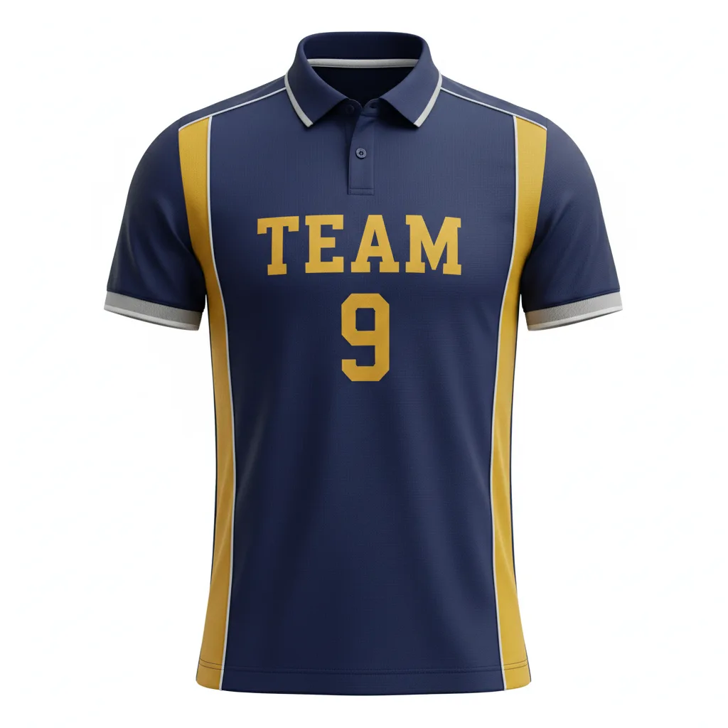 Front view of custom polo-collar soccer jersey with 1x1 rib-knit collar and 2-button placket in 160 GSM polyester interlock. Empire Five Athletics