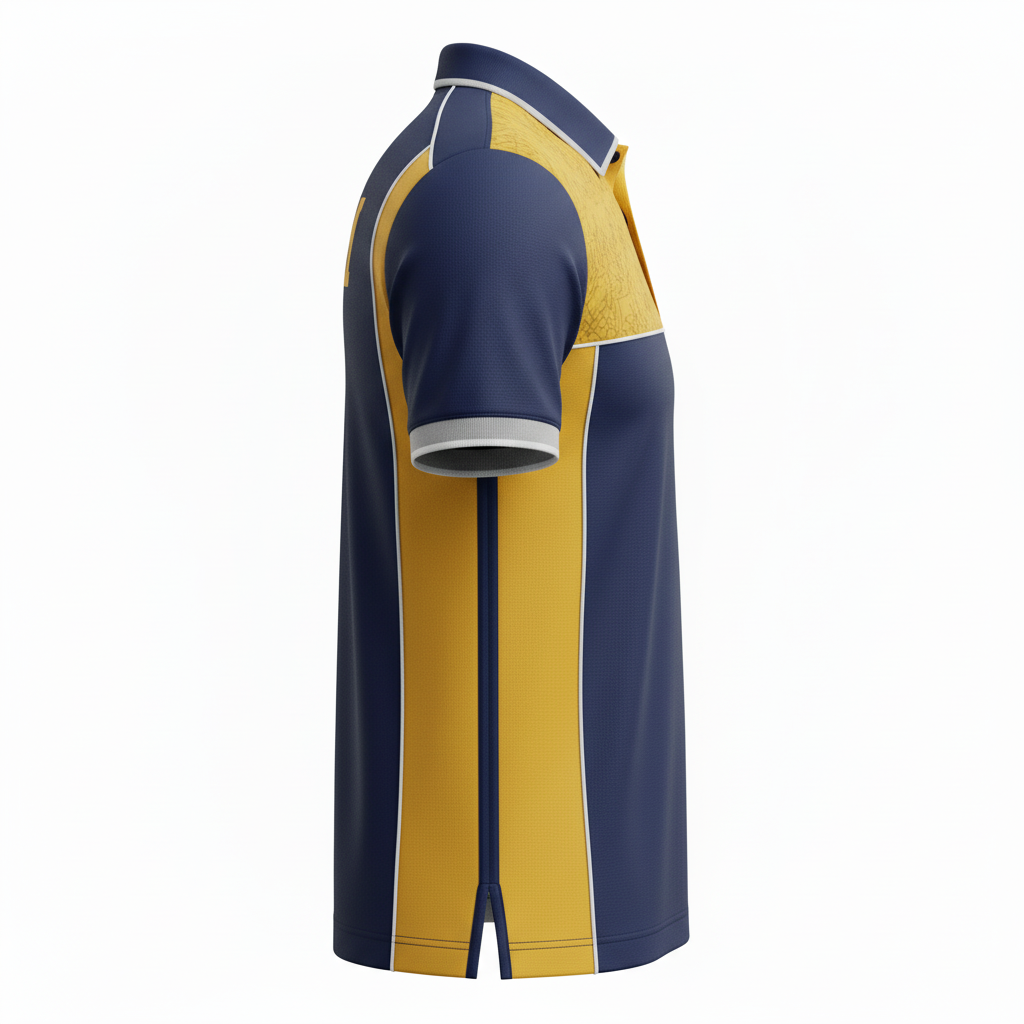 Side view of custom polo-collar soccer jersey showing the rib-knit collar attachment and mesh underarm panel
