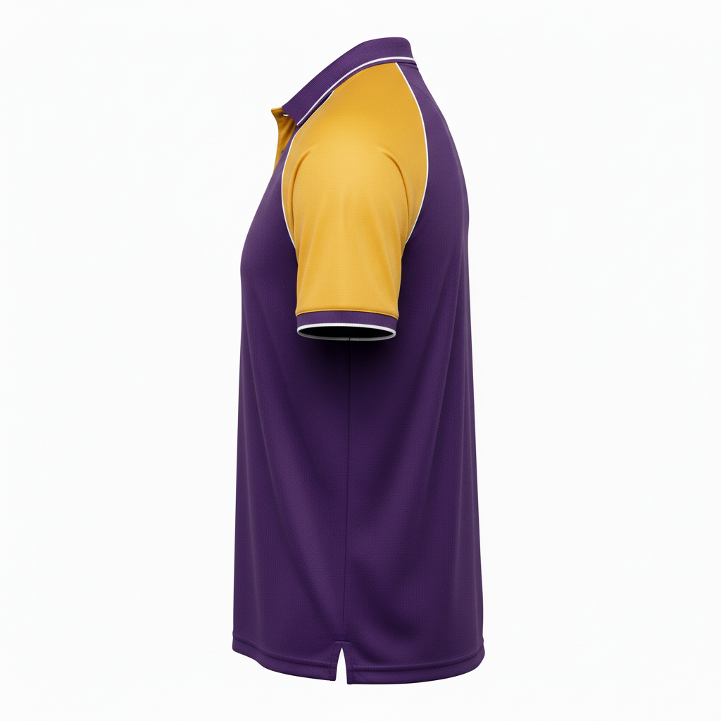 Side view of custom soccer coaches polo showing the tipped collar, side vent, and fuller representative fit