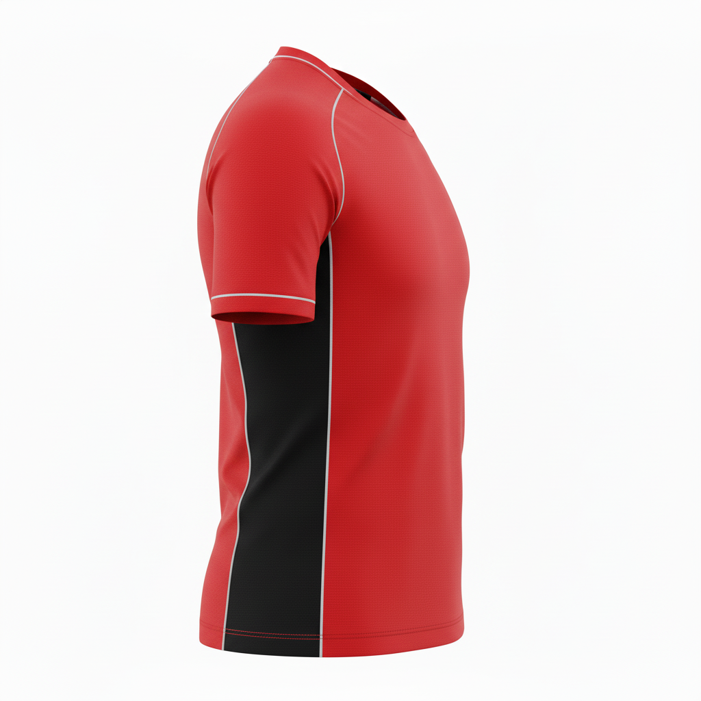 Side view of custom soccer compression shirt showing the 4-way-stretch fit and flatlock side seam
