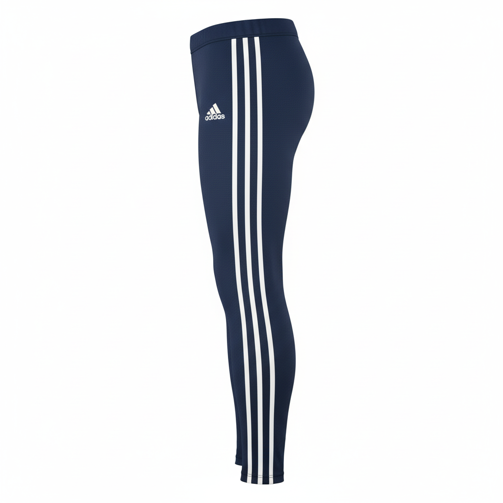 Side view of custom soccer compression tights showing the tapered ankle, flatlock side seam, and full-leg compression fit